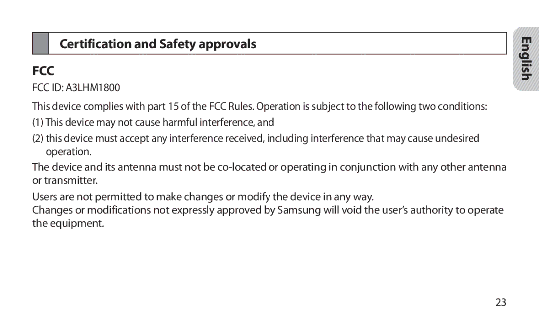 Samsung HM1800 manual Certification and Safety approvals, Fcc 