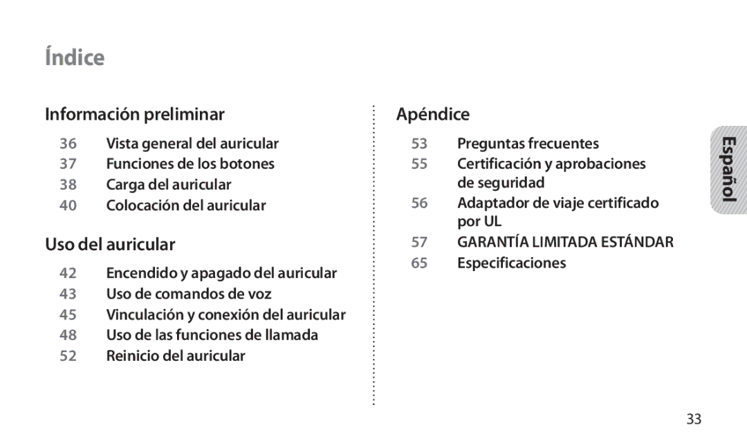 Samsung HM1800 manual Información preliminar, Uso del auricular, Apéndice 