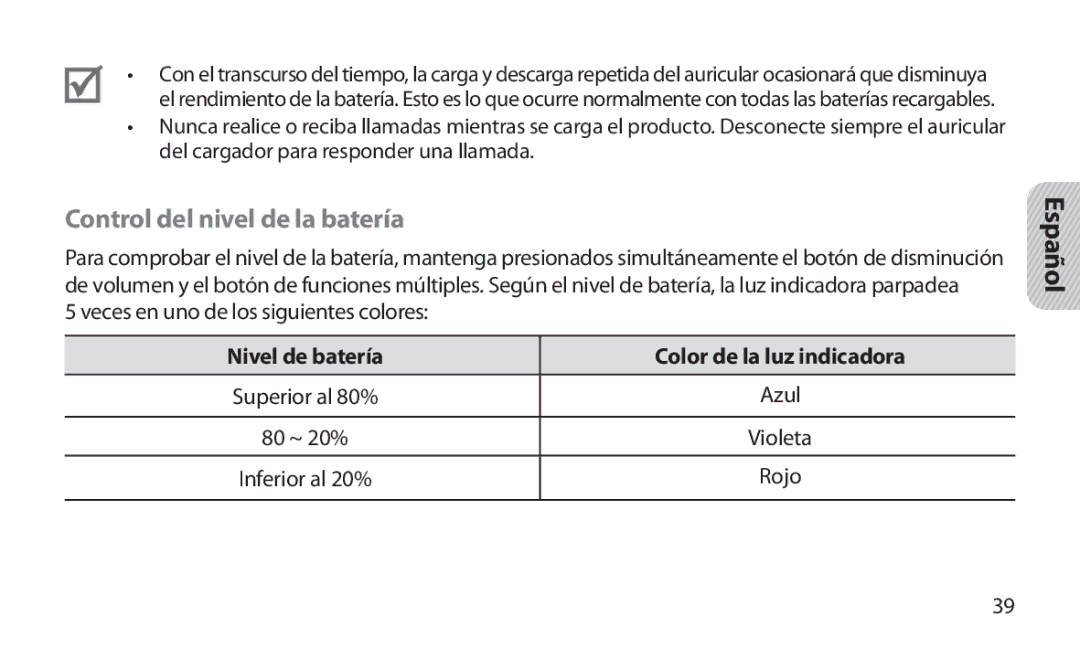 Samsung HM1800 manual Control del nivel de la batería, Nivel de batería Color de la luz indicadora 