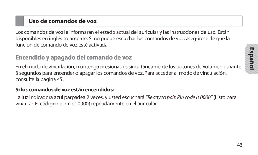 Samsung HM1800 Uso de comandos de voz, Encendido y apagado del comando de voz, Si los comandos de voz están encendidos 