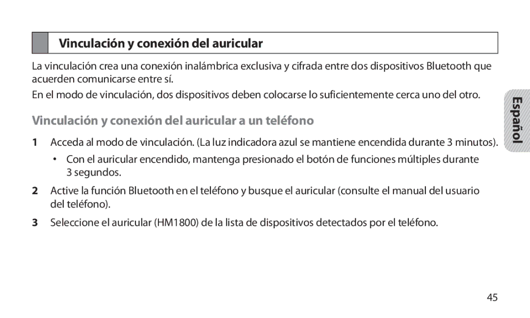 Samsung HM1800 manual Vinculación y conexión del auricular a un teléfono 