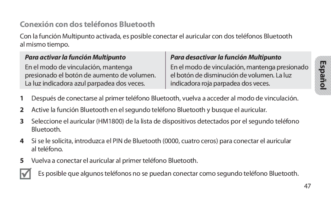 Samsung HM1800 manual Conexión con dos teléfonos Bluetooth, Para activar la función Multipunto 