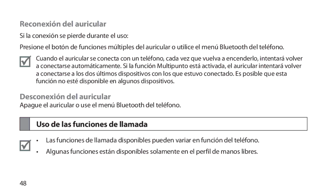 Samsung HM1800 manual Reconexión del auricular, Desconexión del auricular, Uso de las funciones de llamada 