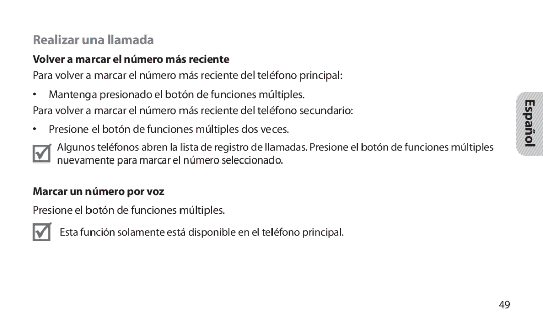 Samsung HM1800 manual Realizar una llamada, Volver a marcar el número más reciente, Marcar un número por voz 