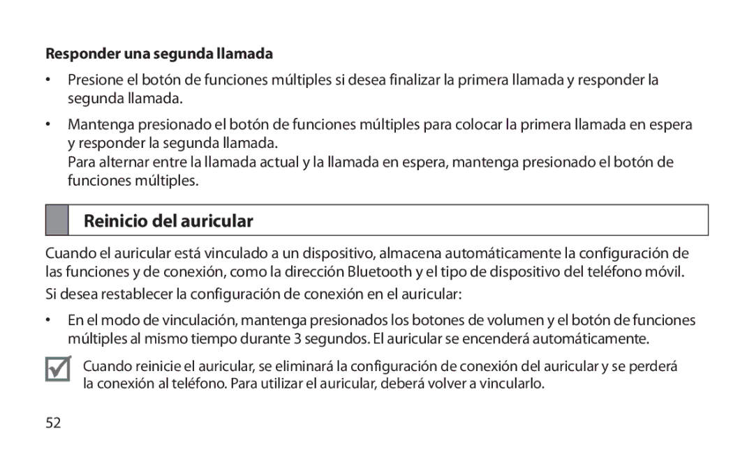 Samsung HM1800 manual Reinicio del auricular, Responder una segunda llamada 