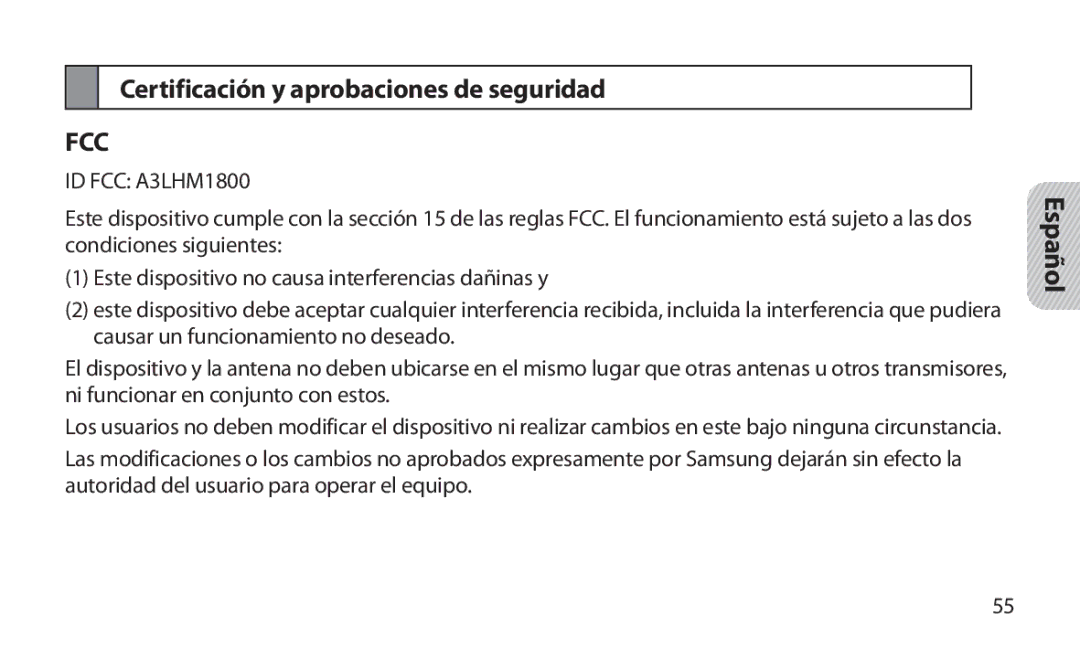 Samsung manual Certificación y aprobaciones de seguridad, ID FCC A3LHM1800 