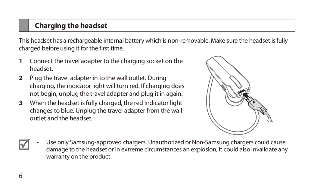 Samsung HM1800 manual Charging the headset 