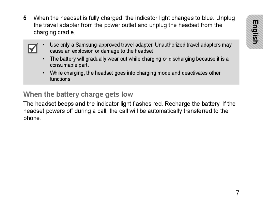 Samsung GH68-28534G, HM3200, 100705 manual When the battery charge gets low 