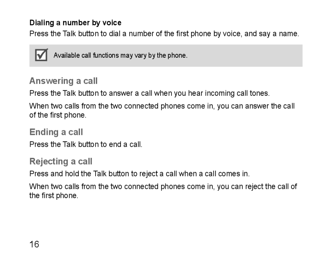 Samsung GH68-28534G, HM3200, 100705 manual Answering a call, Ending a call, Rejecting a call, Dialing a number by voice 