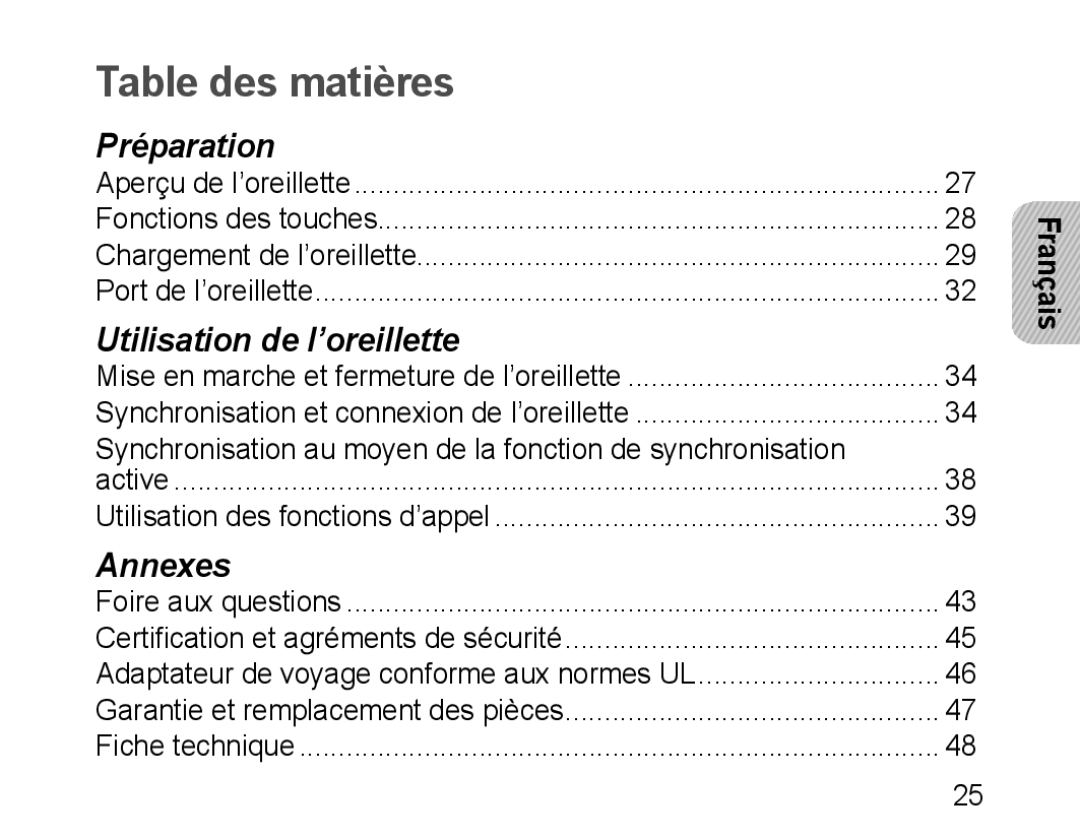 Samsung GH68-28534G, HM3200, 100705 manual Table des matières, Français 