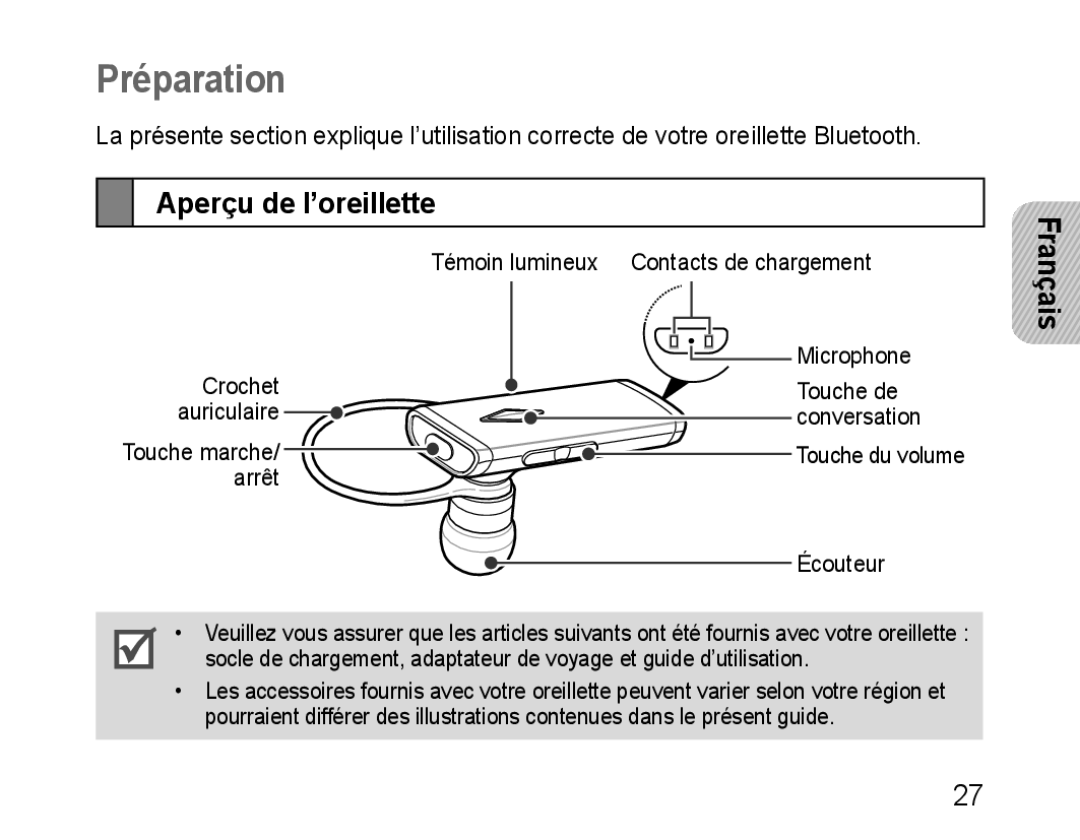 Samsung HM3200, GH68-28534G, 100705 manual Préparation, Aperçu de l’oreillette 