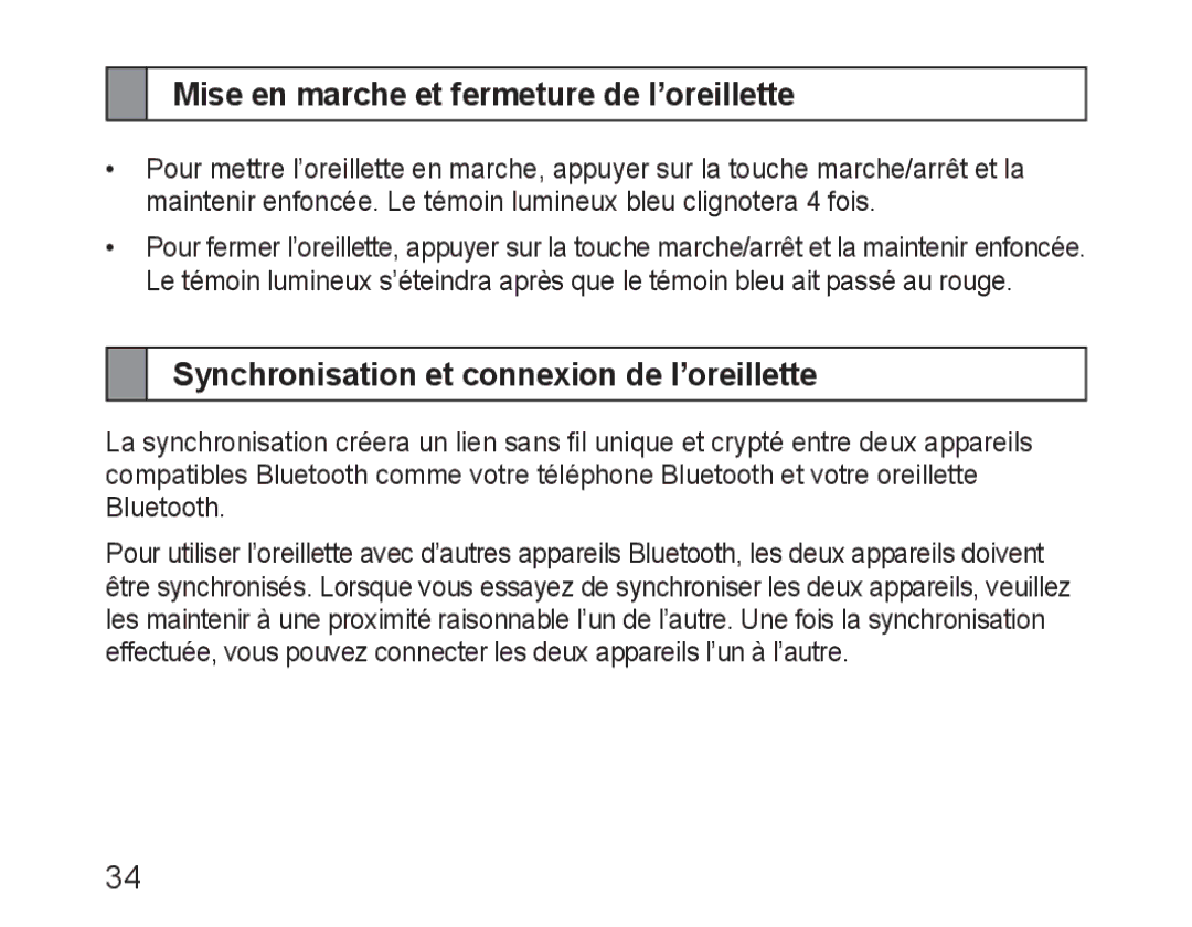 Samsung GH68-28534G, HM3200 manual Mise en marche et fermeture de l’oreillette, Synchronisation et connexion de l’oreillette 