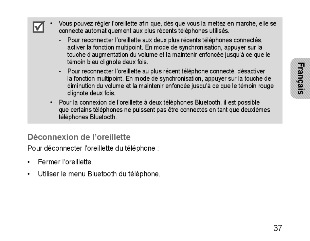 Samsung GH68-28534G, HM3200, 100705 manual Déconnexion de l’oreillette 