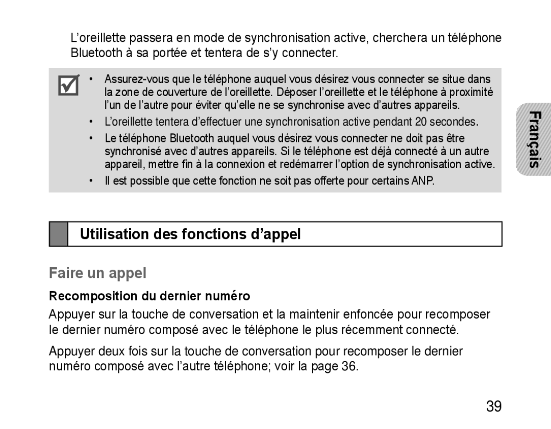 Samsung HM3200, GH68-28534G Utilisation des fonctions d’appel, Faire un appel, Français, Recomposition du dernier numéro 