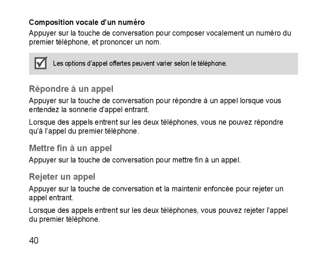 Samsung GH68-28534G, HM3200 Répondre à un appel, Mettre fin à un appel, Rejeter un appel, Composition vocale d’un numéro 