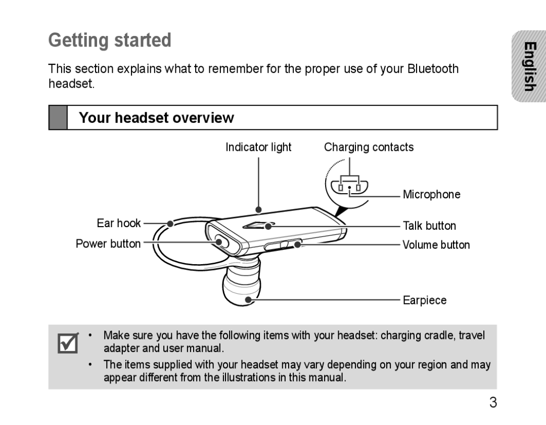 Samsung HM3200, GH68-28534G, 100705 manual Getting started, Your headset overview 