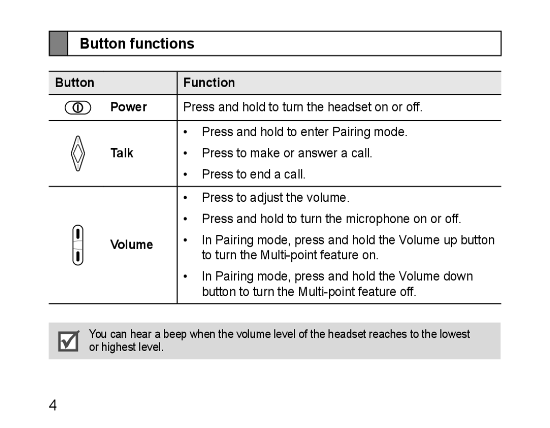 Samsung GH68-28534G, HM3200, 100705 manual Button functions, Button Function Power, Talk, Volume 