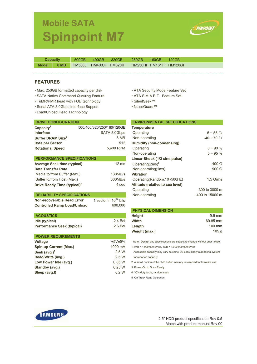 Samsung HM250HI, HM400JI, HM500JI, HM120GI, HM161HI, HM320II specifications Spinpoint M7, Features 