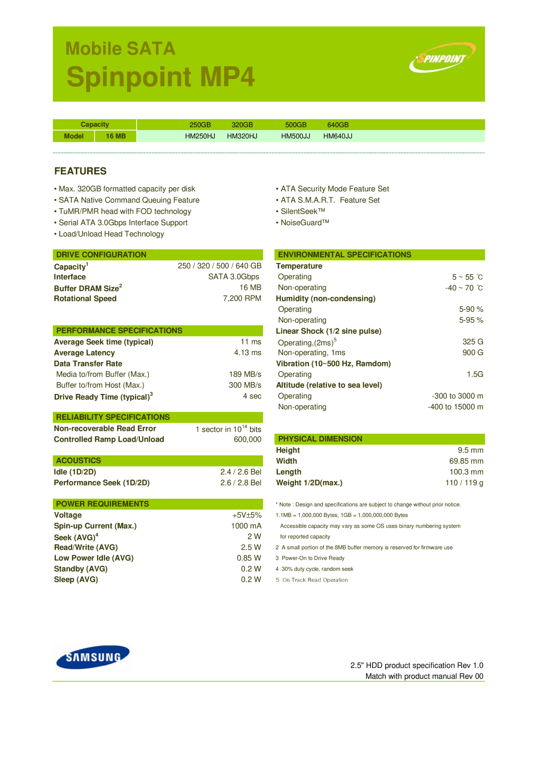 Samsung HM500JJ, HM640JJ, HM250HJ, HM320HJ specifications Spinpoint MP4, Features 