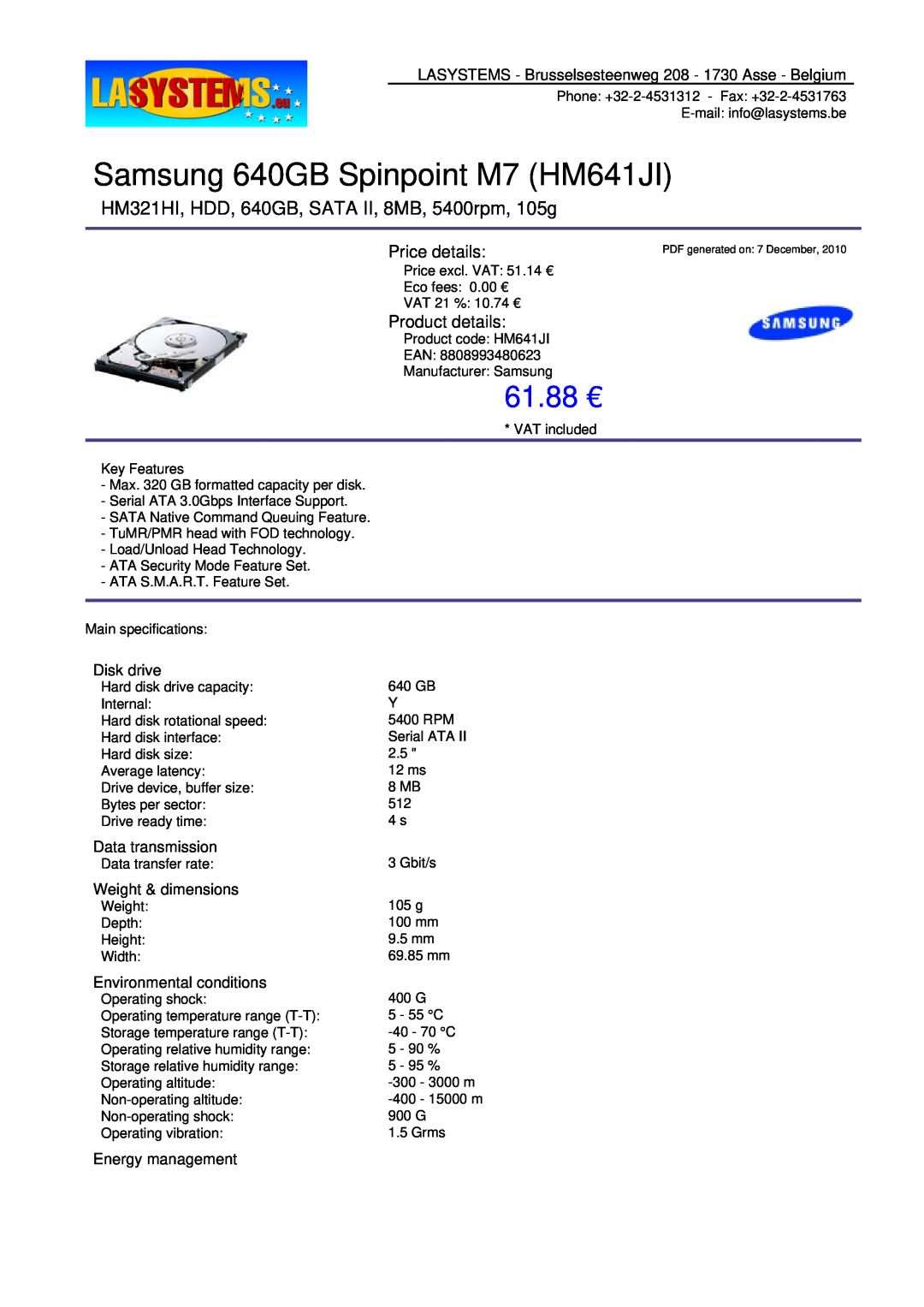 Samsung HM641JI dimensions LASYSTEMS - Brusselsesteenweg 208 - 1730 Asse - Belgium, Disk drive, Data transmission, 61.88 € 