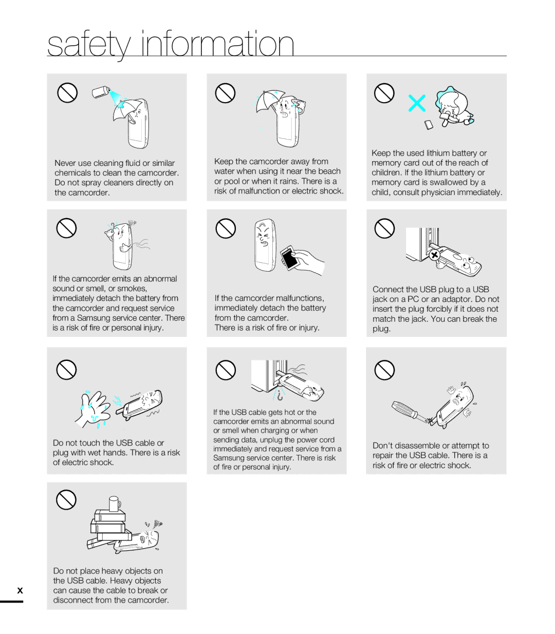 Samsung HMX-E10WN, HMX-E10BN, HMX-E10ON user manual Safety information 