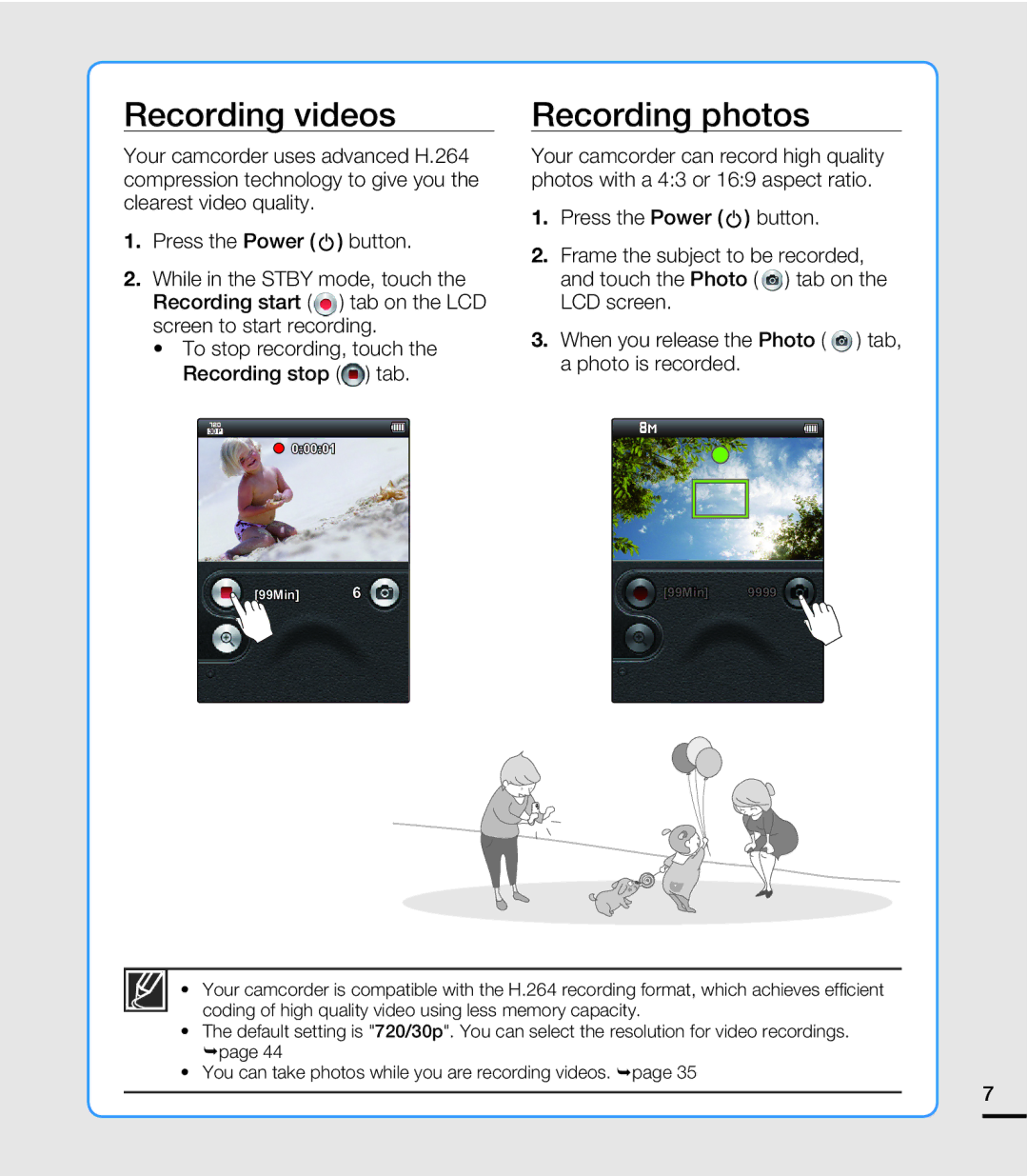 Samsung HMX-E10ON, HMX-E10BN, HMX-E10WN user manual Recording videos, Recording photos 