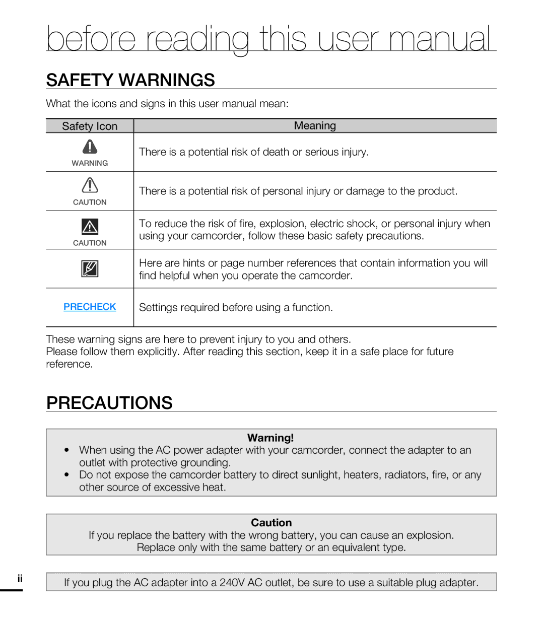 Samsung HMX-E10ON, HMX-E10BN, HMX-E10WN user manual Safety Warnings, Precautions 