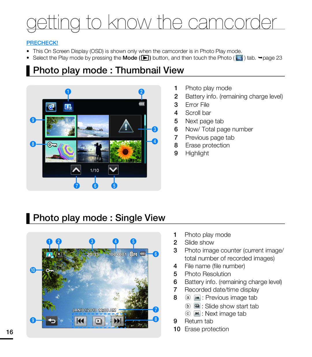 Samsung HMX-E10ON, HMX-E10BN, HMX-E10WN user manual Photo play mode Thumbnail View, Photo play mode Single View 