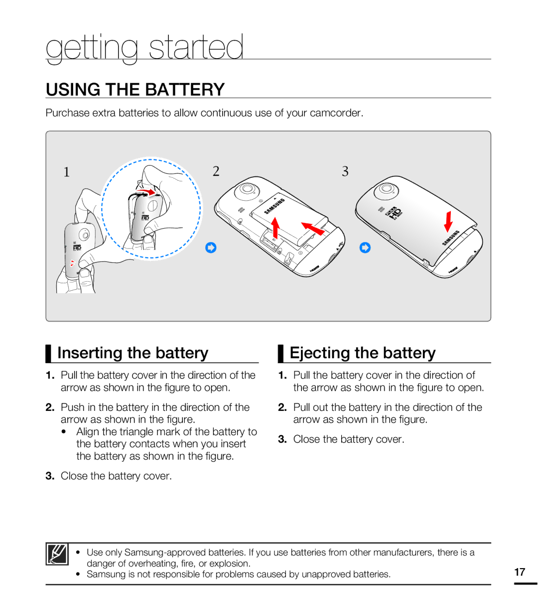 Samsung HMX-E10BN, HMX-E10WN, HMX-E10ON Getting started, Using the Battery, Inserting the battery Ejecting the battery 