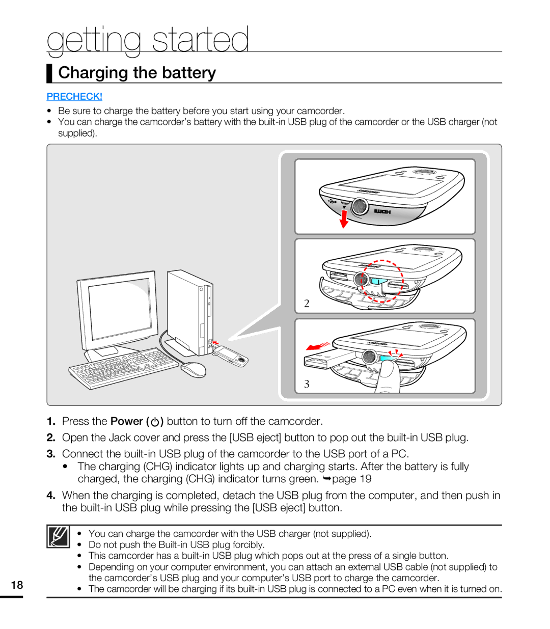 Samsung HMX-E10WN, HMX-E10BN, HMX-E10ON user manual Charging the battery 