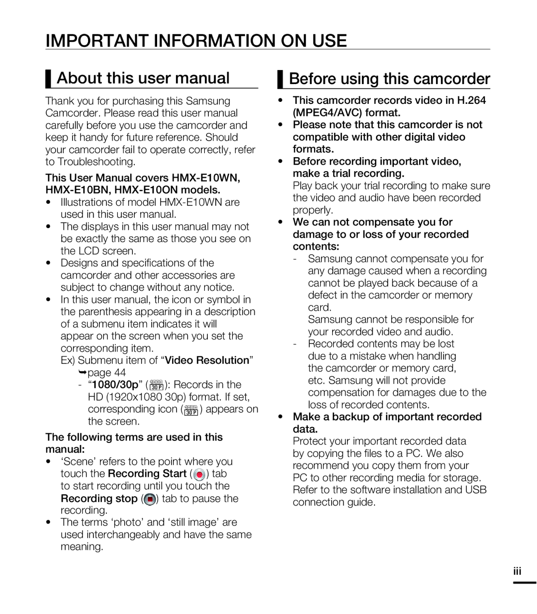 Samsung HMX-E10BN, HMX-E10WN, HMX-E10ON user manual Important Information on USE, Before using this camcorder 