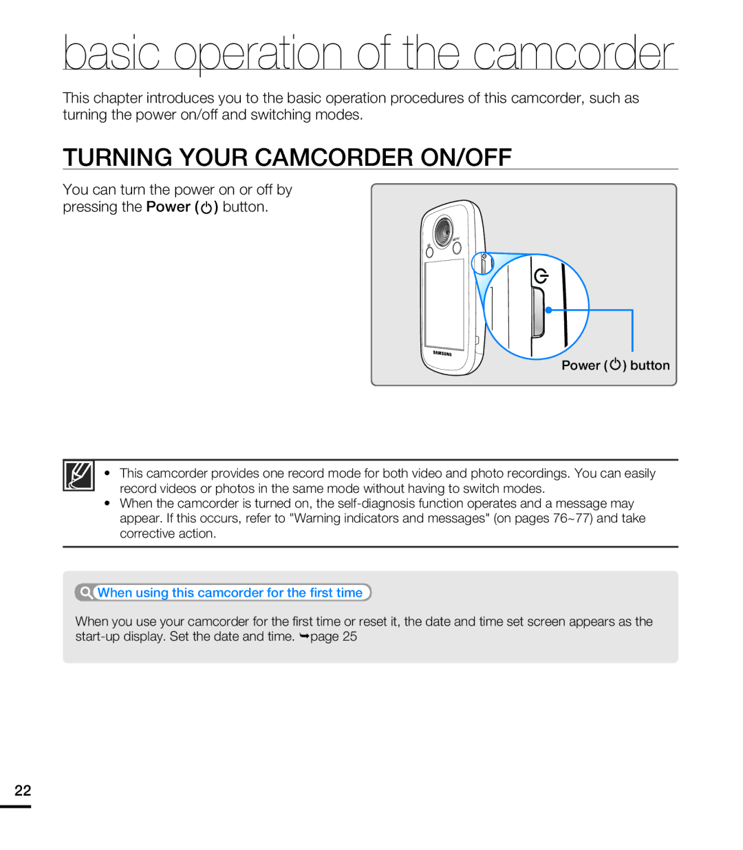 Samsung HMX-E10ON, HMX-E10BN, HMX-E10WN user manual Basic operation of the camcorder, Turning Your Camcorder ON/OFF 