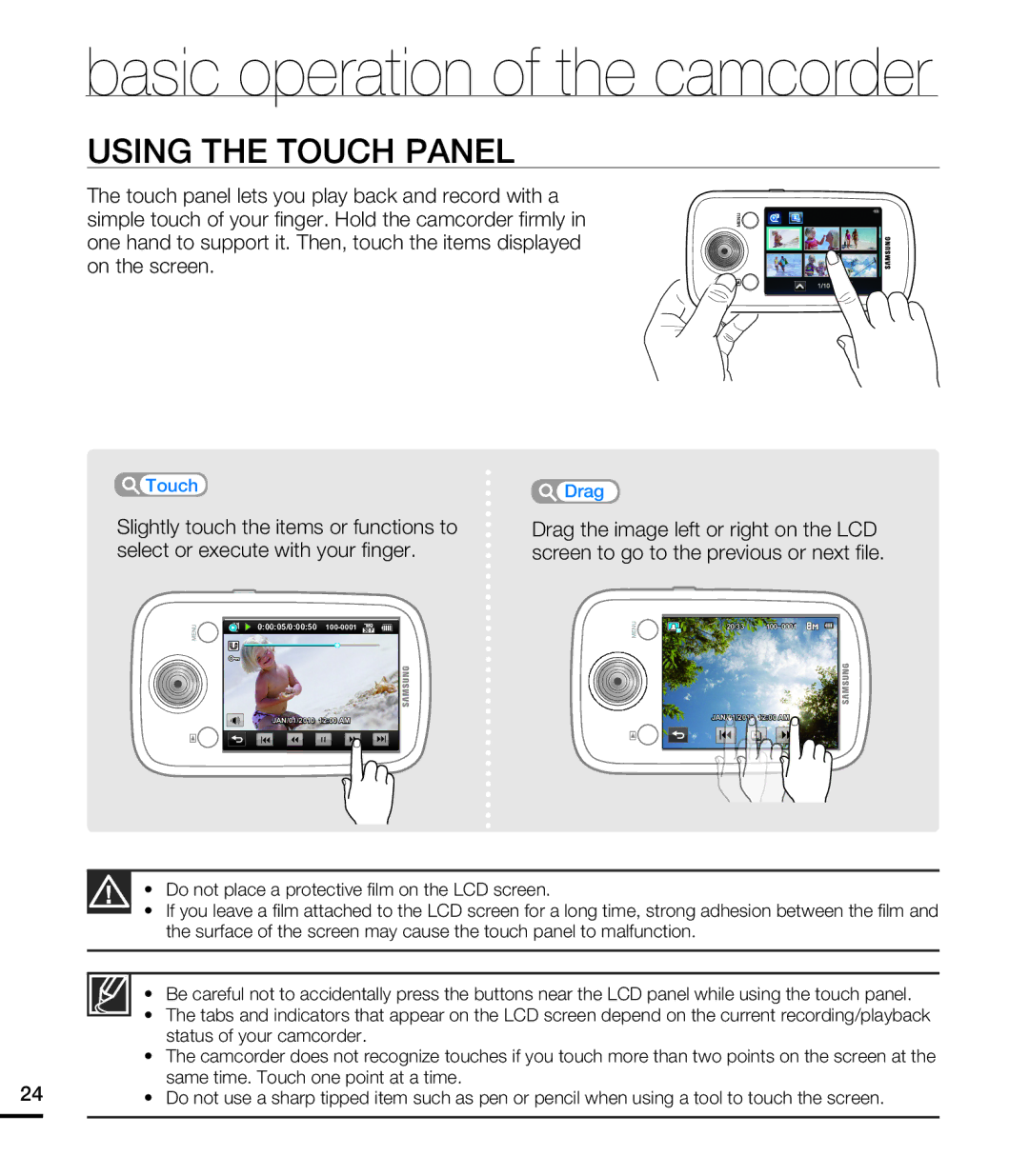 Samsung HMX-E10WN, HMX-E10BN, HMX-E10ON user manual Using the Touch Panel 