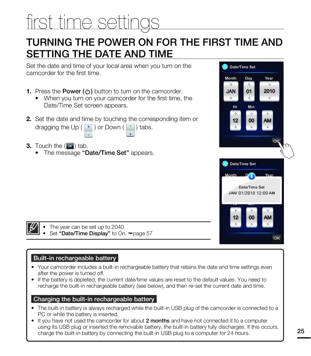 Samsung HMX-E10ON, HMX-E10BN Rst time settings, Built-in rechargeable battery, Charging the built-in rechargeable battery 