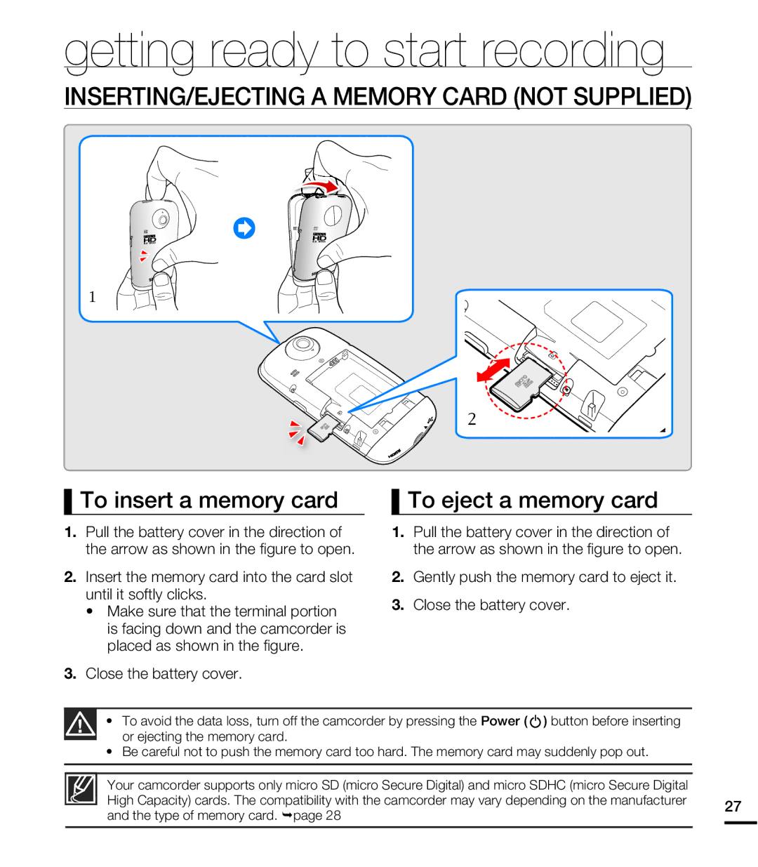 Samsung HMX-E10WN, HMX-E10BN, HMX-E10ON Getting ready to start recording, INSERTING/EJECTING a Memory Card not Supplied 