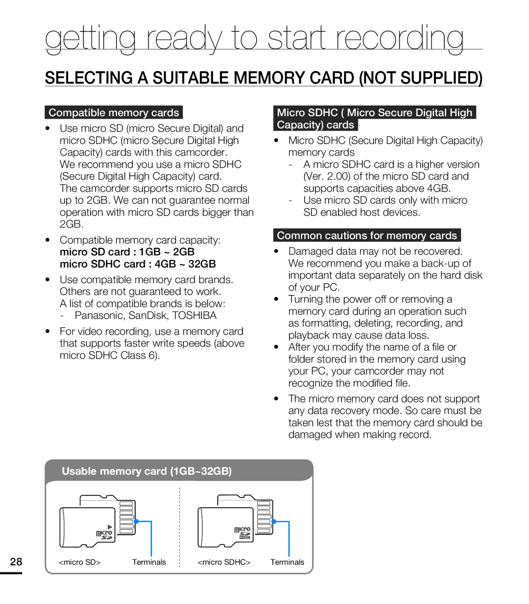 Samsung HMX-E10ON Selecting a Suitable Memory Card not Supplied, Compatible memory cards, Common cautions for memory cards 