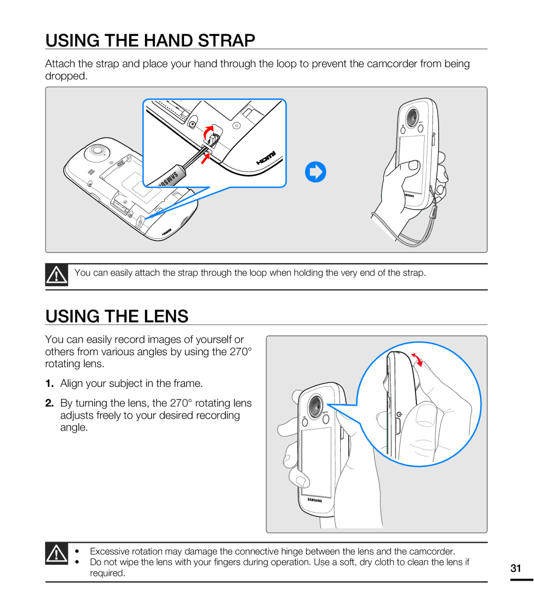 Samsung HMX-E10ON, HMX-E10BN, HMX-E10WN user manual Using the Hand Strap, Using the Lens 