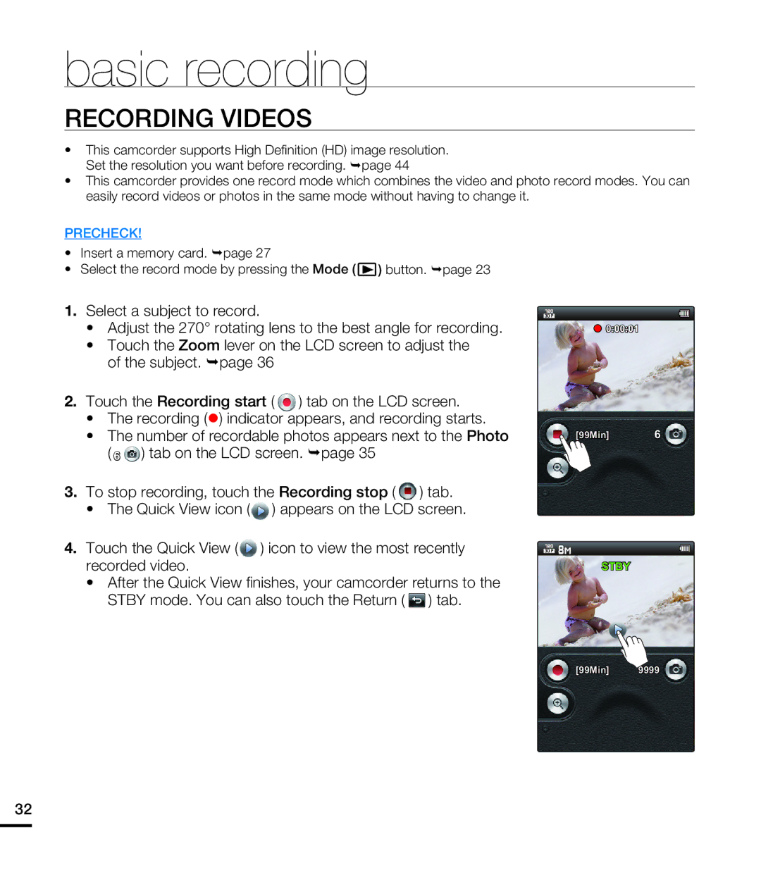 Samsung HMX-E10BN, HMX-E10WN, HMX-E10ON user manual Basic recording, Recording Videos 