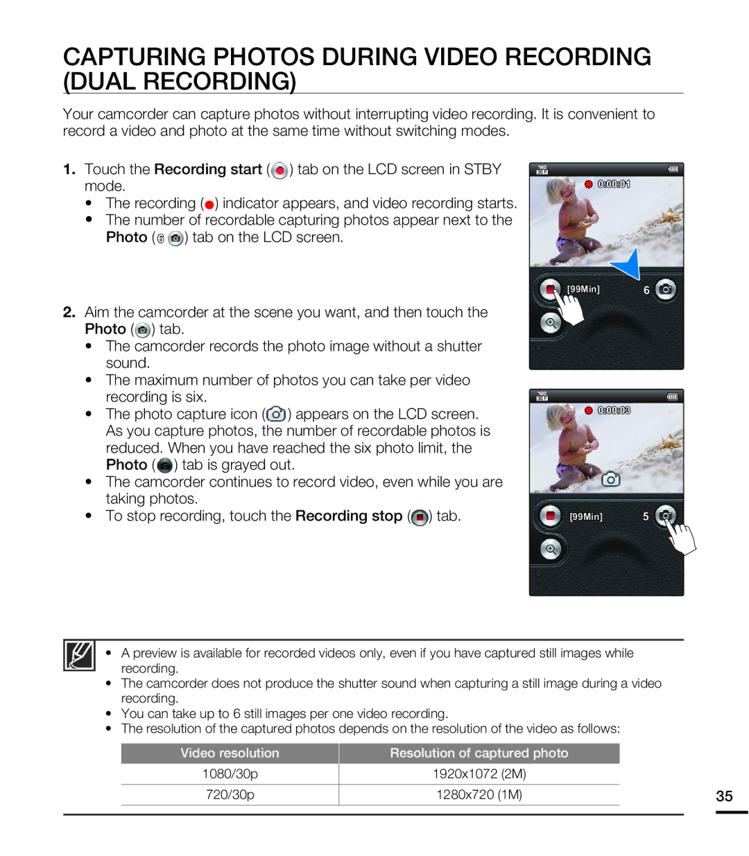 Samsung HMX-E10BN, HMX-E10WN, HMX-E10ON user manual Capturing Photos During Video Recording Dual Recording 