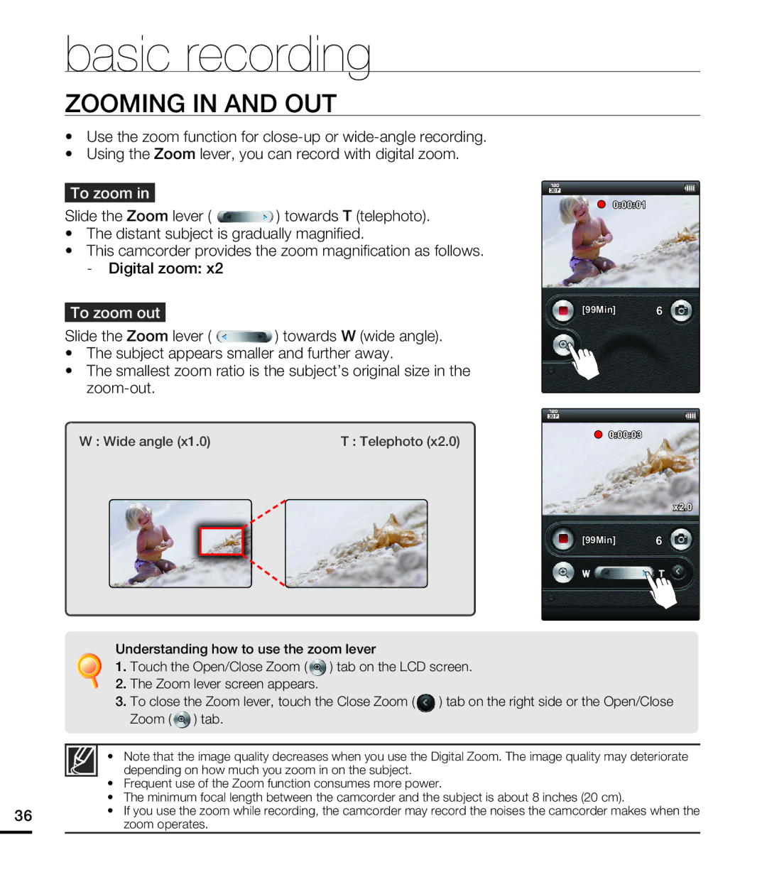 Samsung HMX-E10WN, HMX-E10BN, HMX-E10ON user manual Zooming in and OUT, To zoom 