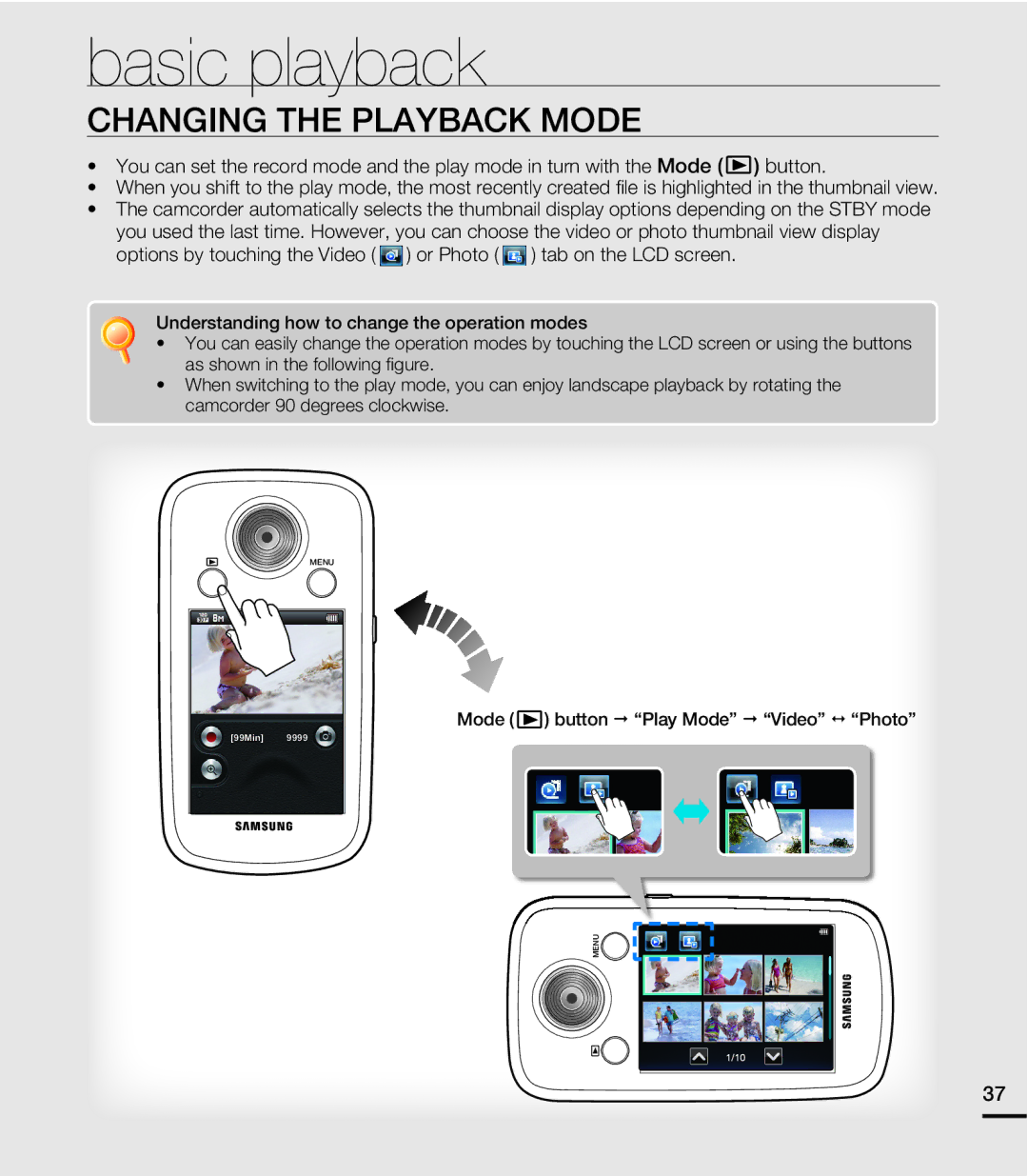 Samsung HMX-E10ON, HMX-E10BN, HMX-E10WN user manual Basic playback, Changing the Playback Mode 