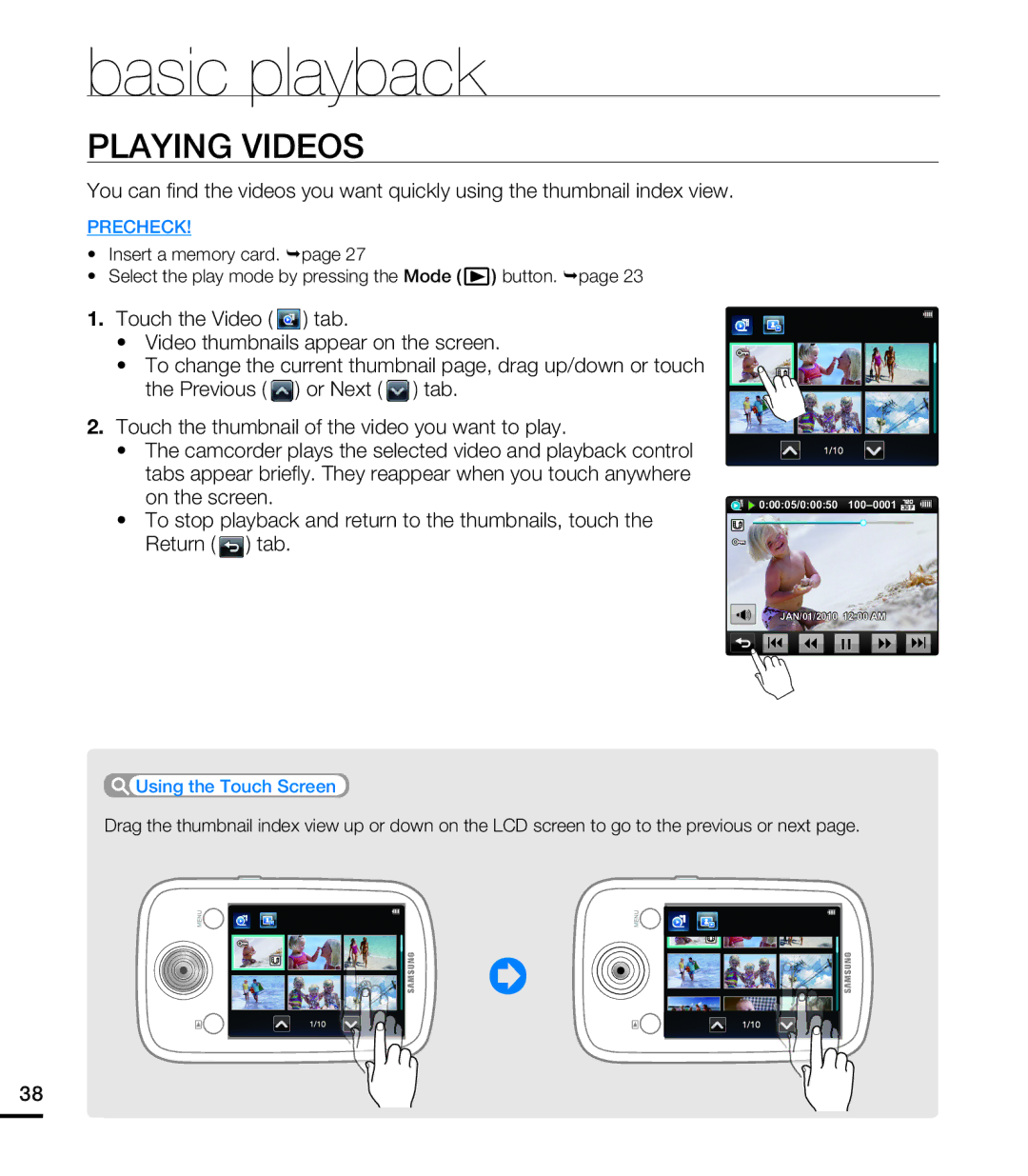 Samsung HMX-E10BN, HMX-E10WN, HMX-E10ON user manual Playing Videos, Using the Touch Screen 