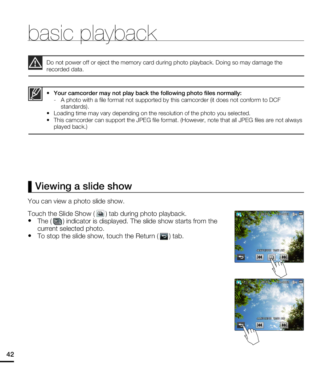 Samsung HMX-E10WN, HMX-E10BN, HMX-E10ON user manual Viewing a slide show, Touch the Slide Show tab during photo playback 