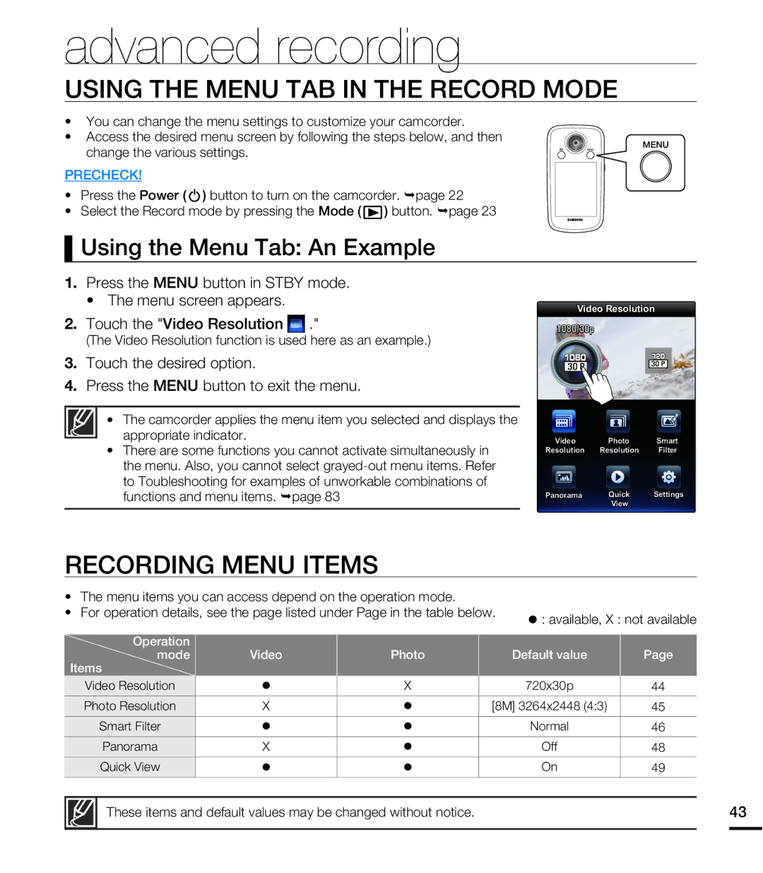 Samsung HMX-E10ON, HMX-E10BN, HMX-E10WN Advanced recording, Using the Menu TAB in the Record Mode, Recording Menu Items 