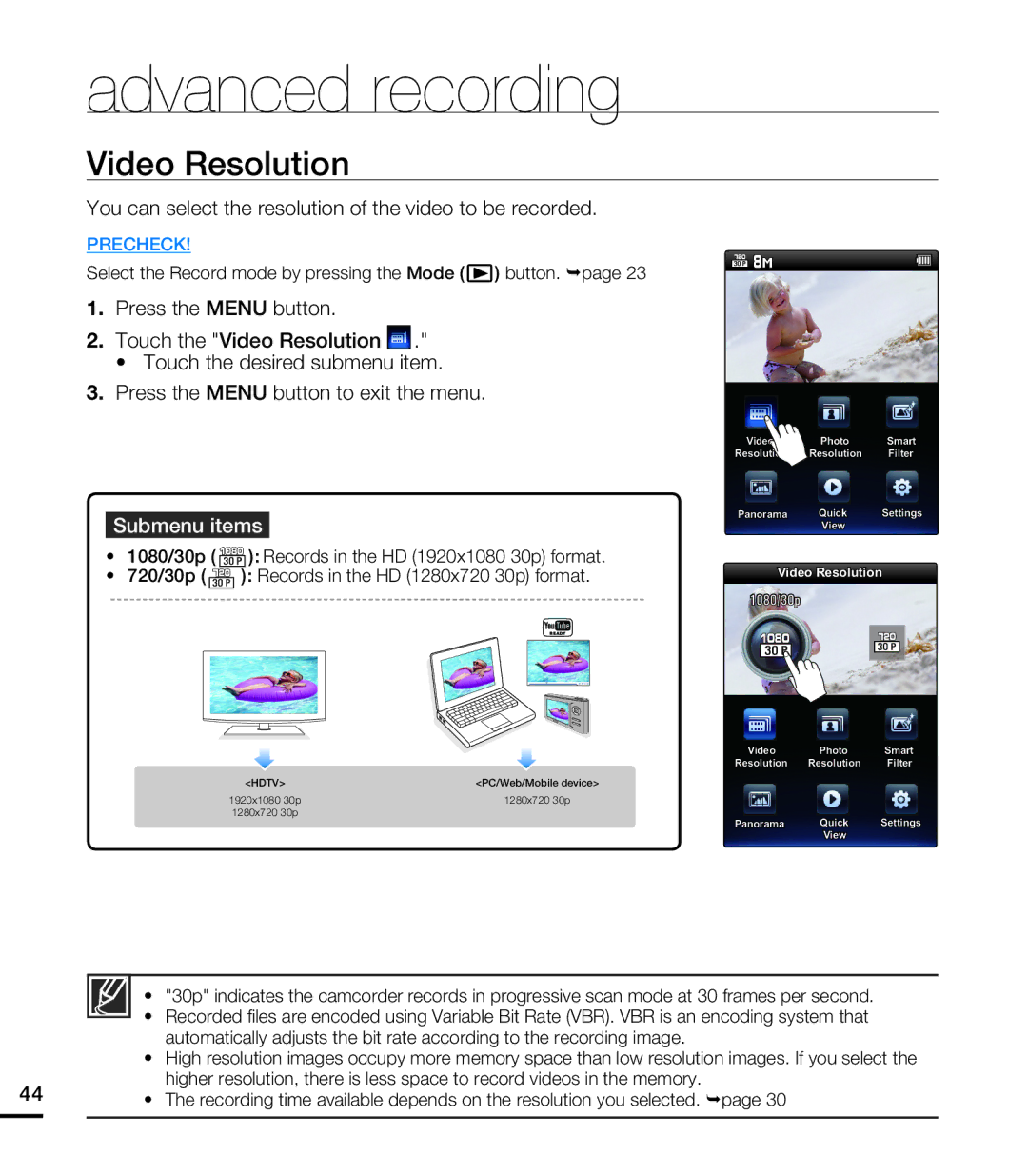 Samsung HMX-E10BN, HMX-E10WN, HMX-E10ON user manual Video Resolution, Submenu items 