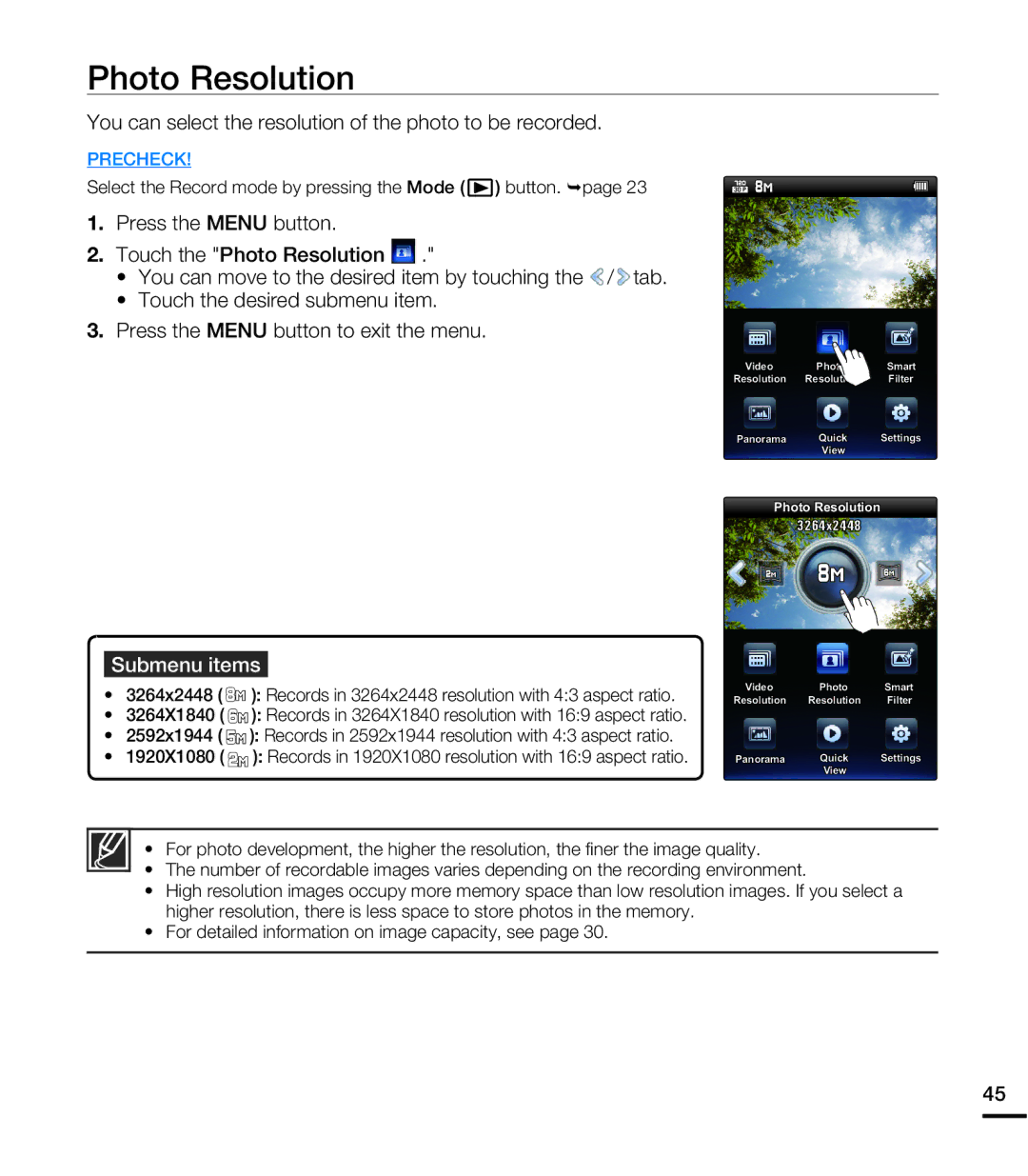 Samsung HMX-E10WN, HMX-E10BN, HMX-E10ON user manual Photo Resolution 