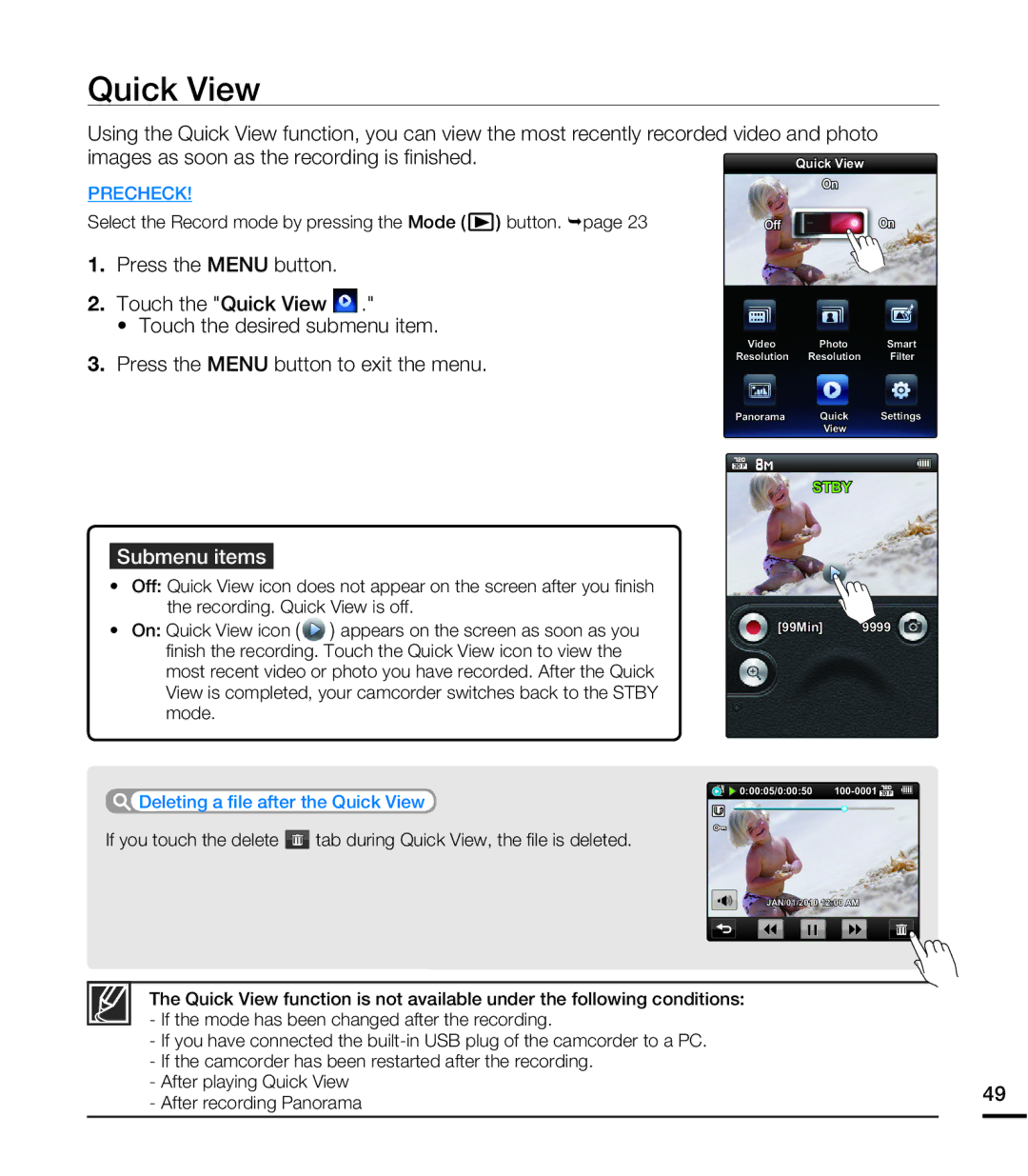 Samsung HMX-E10ON, HMX-E10BN, HMX-E10WN user manual Quick View, Images as soon as the recording is ﬁnished 