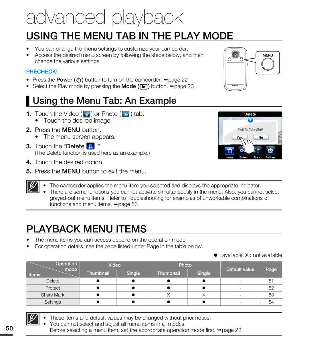 Samsung HMX-E10BN, HMX-E10WN, HMX-E10ON Advanced playback, Using the Menu TAB in the Play Mode, Playback Menu Items 