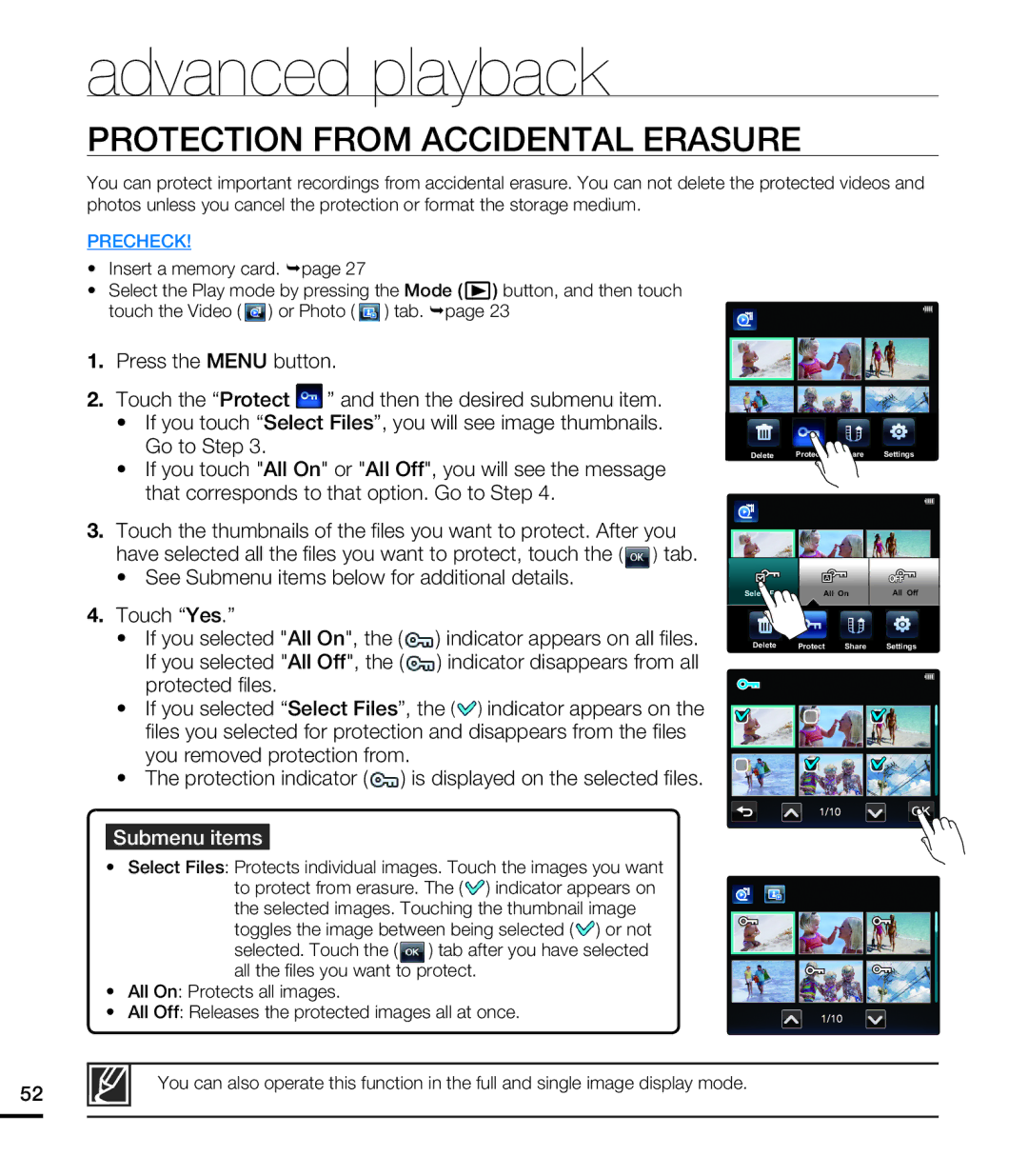 Samsung HMX-E10ON, HMX-E10BN, HMX-E10WN user manual Protection from Accidental Erasure 