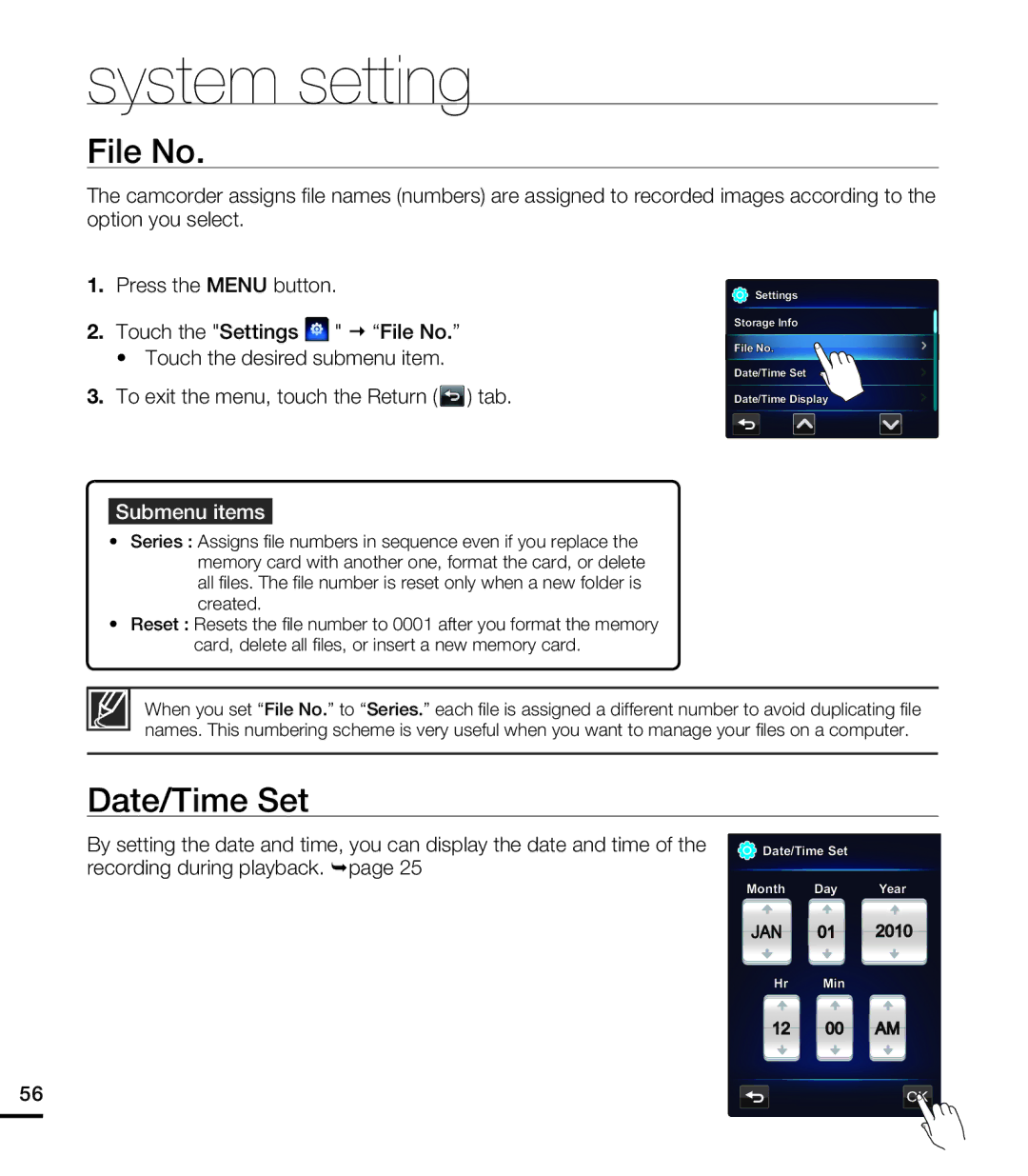 Samsung HMX-E10BN, HMX-E10WN, HMX-E10ON user manual File No, Date/Time Set 